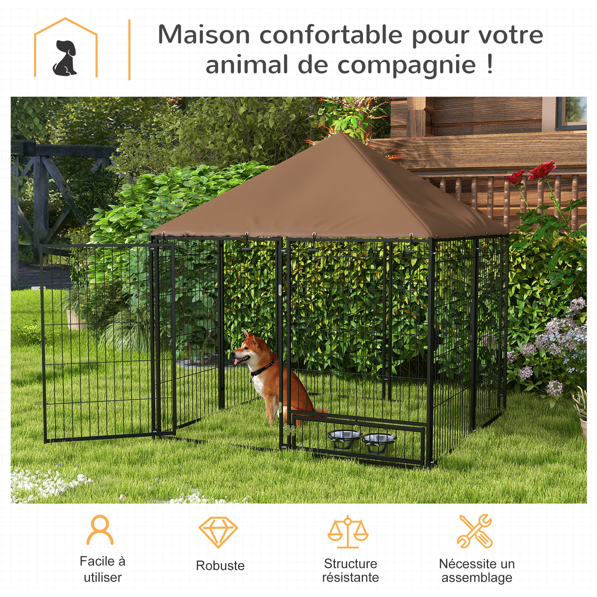 Chenil extérieur pour chiens en métal et tissu oxford avec support gamelle et toit résistant aux intempéries espace spacieux 141L x 141l x 151H cm noir