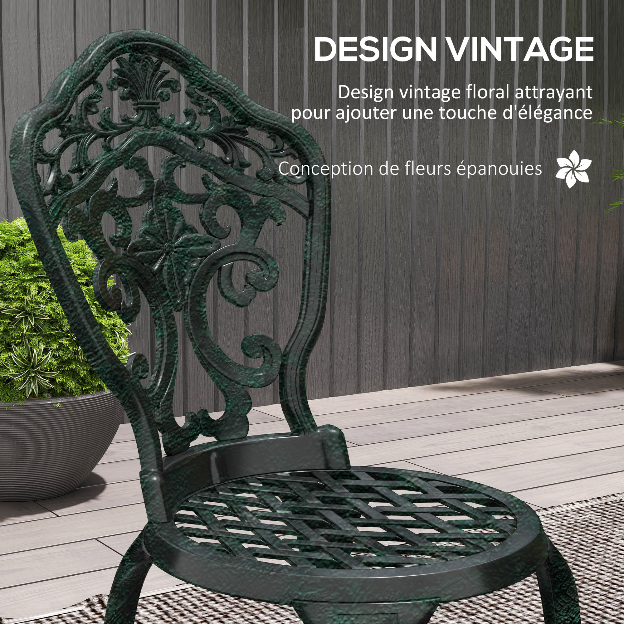 Ensemble bistrot de jardin 2 personnes 3 pièces aluminium aspect fer forgé noir vieilli vert