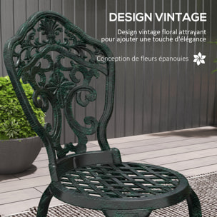 Ensemble bistrot de jardin 2 personnes 3 pièces aluminium aspect fer forgé noir vieilli vert