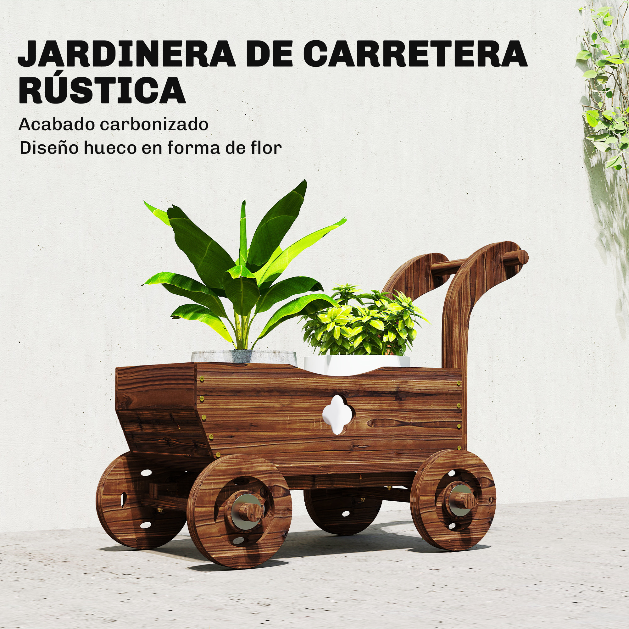 Carretilla de Madera Decorativa, Jardinera Elevada con 4 Ruedas, Asa, Orificios de Drenaje, Macetero Exterior para Cultivos de Plantas, Flores en Terraza, Jardín, 68x38x52 cm, Carbonizado