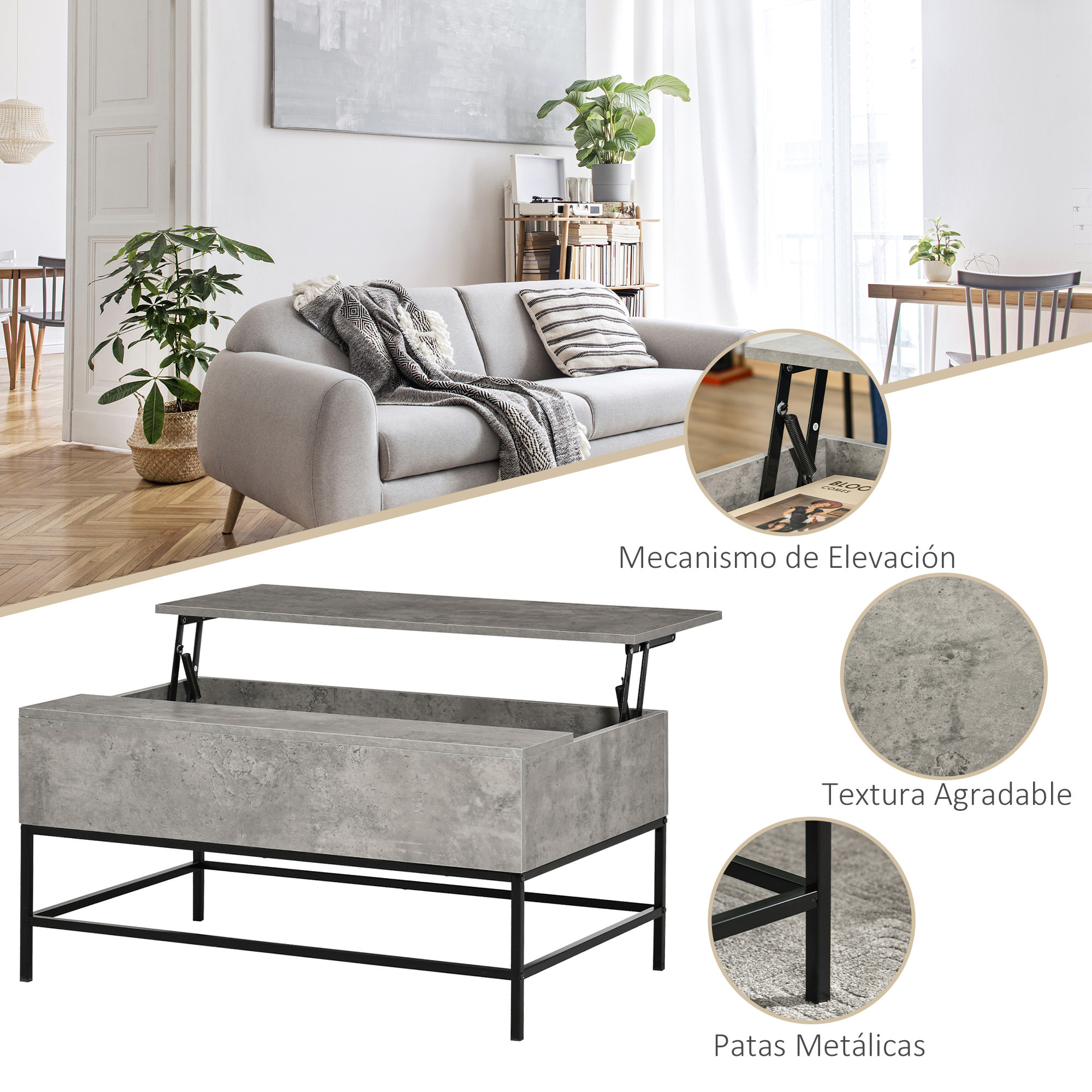 Mesa de Centro Elevable Mesa de Centro con Espacio de Almacenaje Oculto Mesa Elevable para Salón Comedor 90x60,5x45,5 cm Gris Cemento