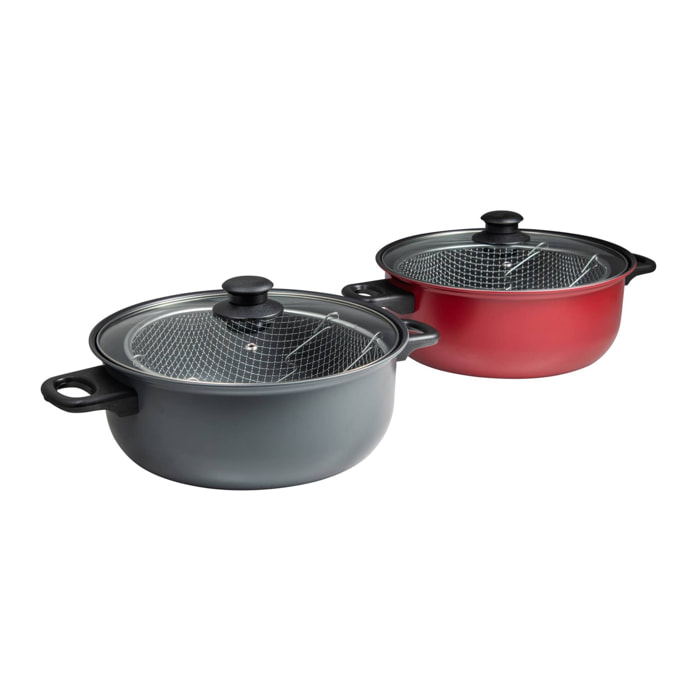 Cacerola de ø26x10cm - 3,8l con tapa de vidrio + cesta freidora en acero inoxidable color surtido (rojo o gris) san ignacio