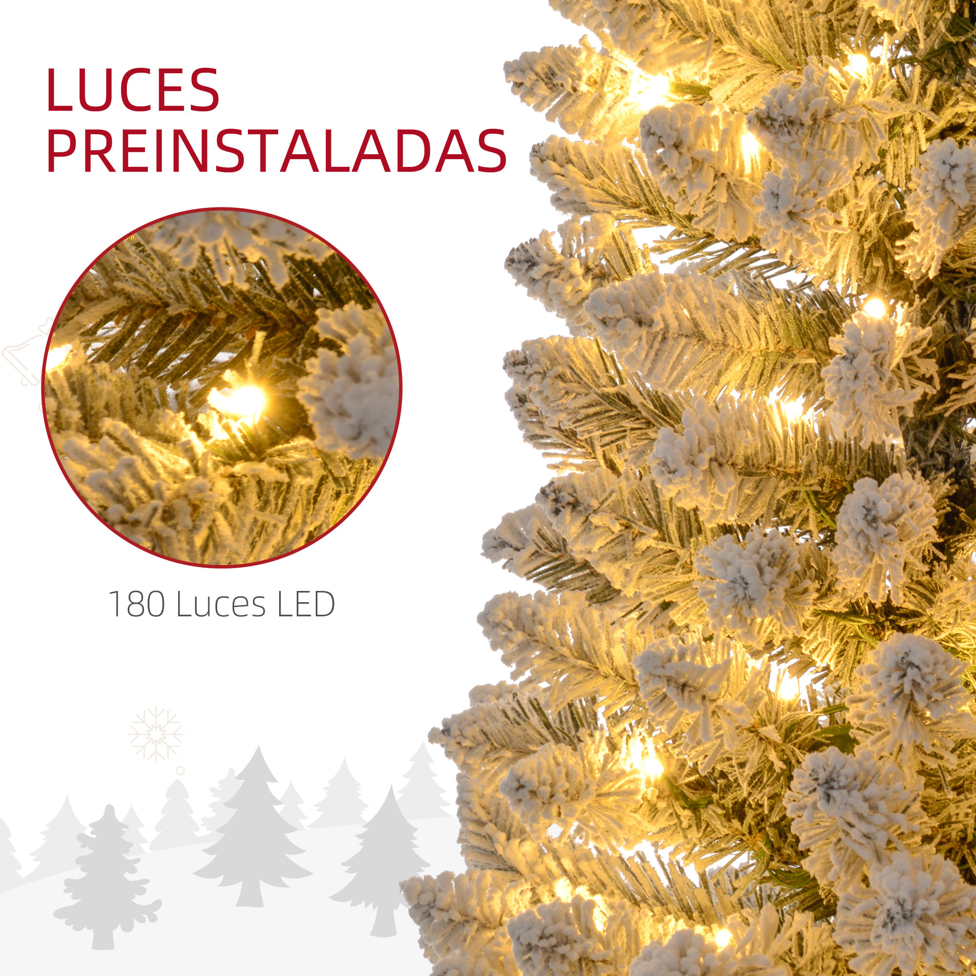 Árbol de Navidad 210 cm Árbol de Navidad Artificial Nevado con 180 Luces LED 405 Ramas y Soporte de Metal Árbol de Navideño para Salón Verde y Blanco