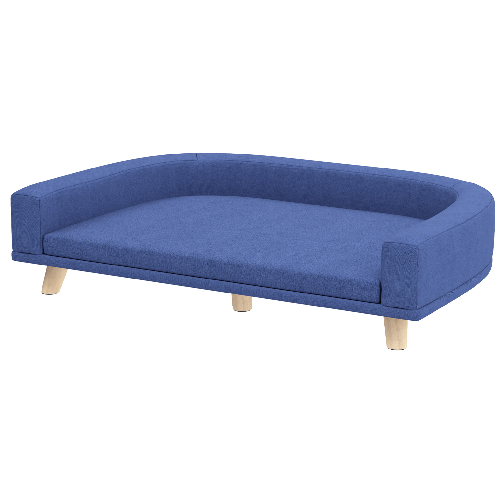 Canapé chien lit pour chien design scandinave coussin déhoussable dim 98L x 67l x 25H cm pieds bois tissu polyester bleu