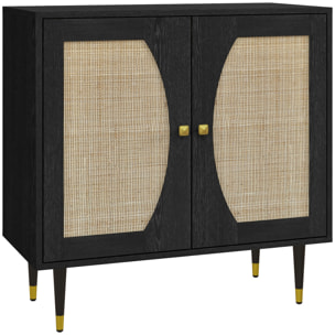 Buffet 2 portes 2 étagères design contemporain cannage rotin panneaux aspect bois noir