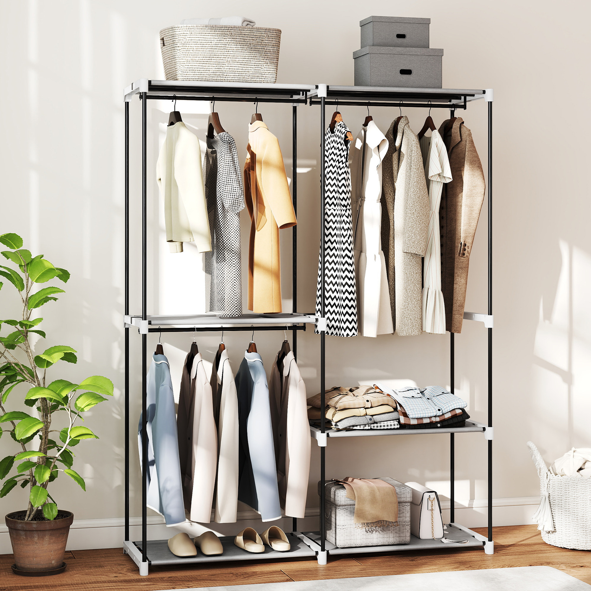 Armario de Ropa, Perchero, 142x43x185 cm, Armario Abierto con 4 Estantes de Tela, 3 Barras para Colgar, Marco de Metal, para Dormitorio, Salón, Vestidor, Gris Claro