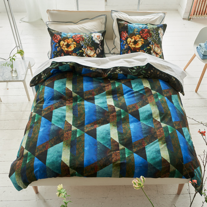 Housse de couette imprimée en satin de coton, MINAKARI COBALT, Bleu