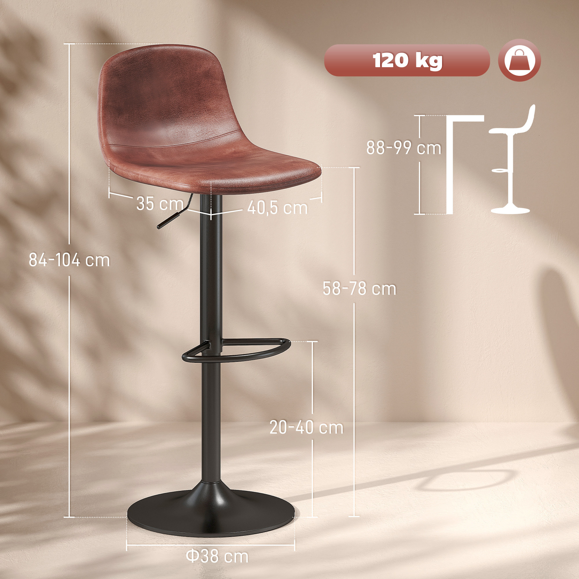 Juego de 2 Taburetes de Bar Taburetes Altos de Cocina Regulable en Altura 84-104 cm con Respaldo y Reposapiés Tapizado en PU Giratorio en 360° para Comedor Mostrador Marrón