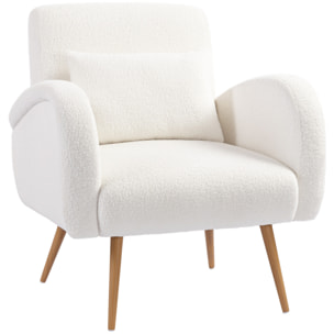 HOMCOM Sillón de Salón de Tela Teddy, Butaca de Salón con Cojín Lumbar Desmontable, Patas de Metal con Efecto Madera, Sillón de Relax para Dormitorio, Oficina, Estudio, Blanco Crema