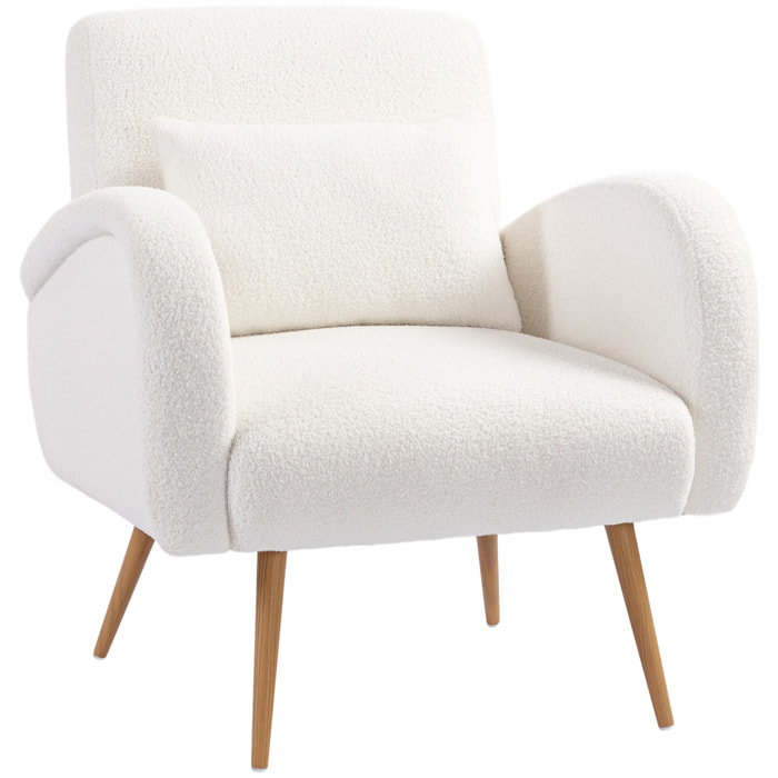 HOMCOM Sillón de Salón de Tela Teddy, Butaca de Salón con Cojín Lumbar Desmontable, Patas de Metal con Efecto Madera, Sillón de Relax para Dormitorio, Oficina, Estudio, Blanco Crema