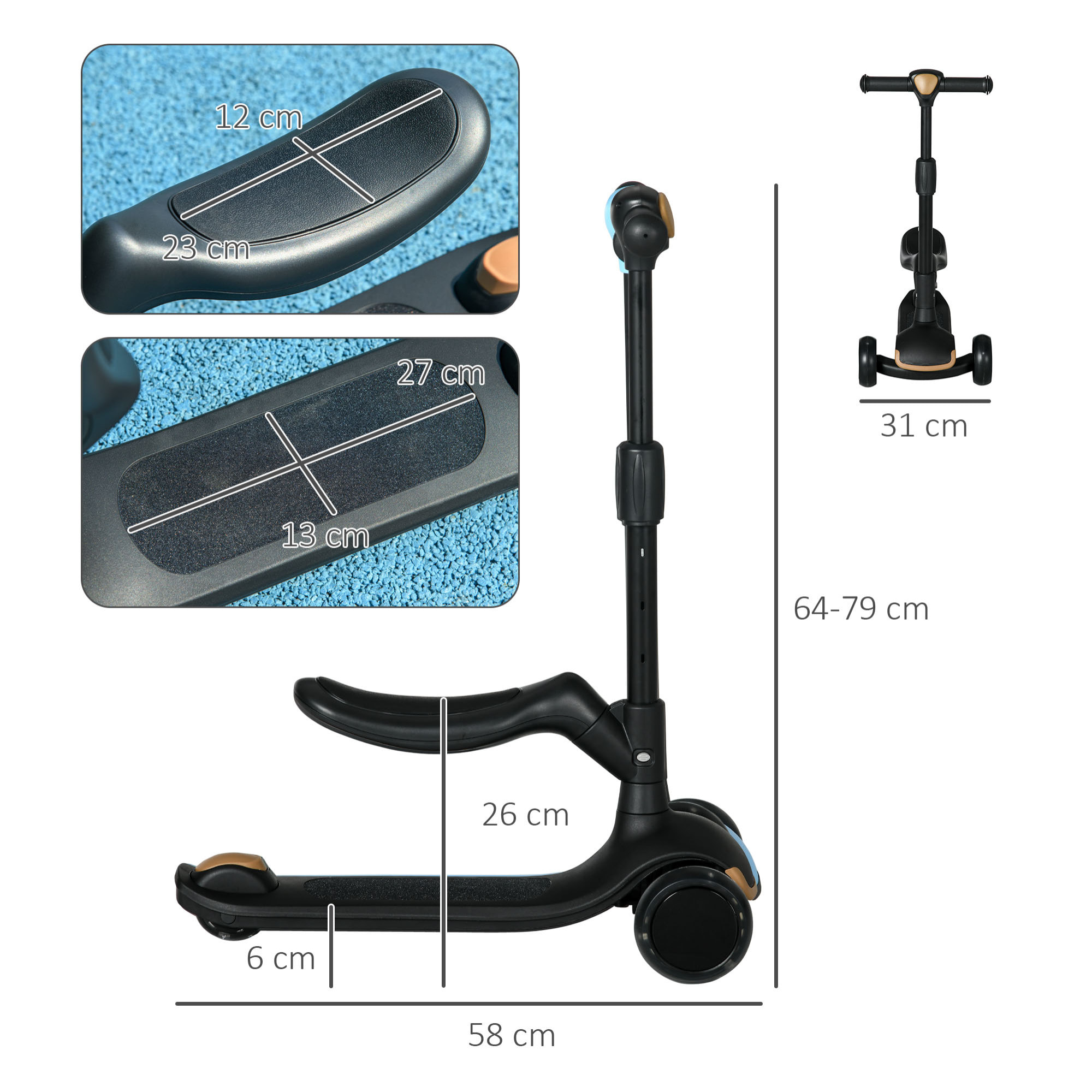 Patinete para Niños 2 en 1 Patinete Infantil Asiento Plegable con Altura Ajustable 3 Ruedas Brillantes para +18 Meses Carga 50 kg 58x31x64-79 cm Negro