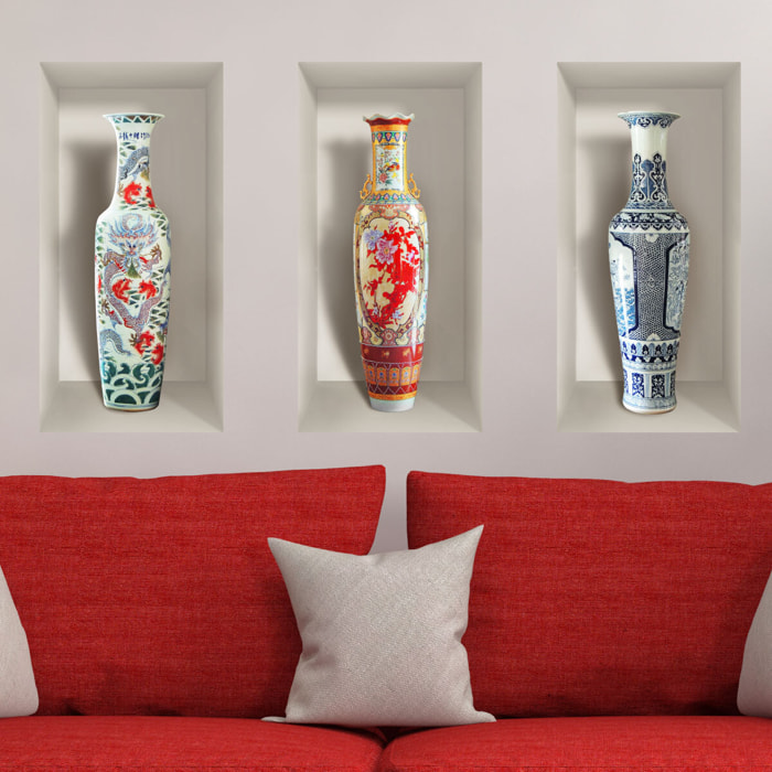 Stickers muraux 3D | Sticker Mural Autocollant effet 3D vases céramiques anciens - Stickers adhésifs 3D Chambre Salon Trompe l'oeil