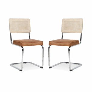 2 chaises cantilever - Maja - tissu marron clair et résine effet rotin. 46 x 54.5 x 84.5cm