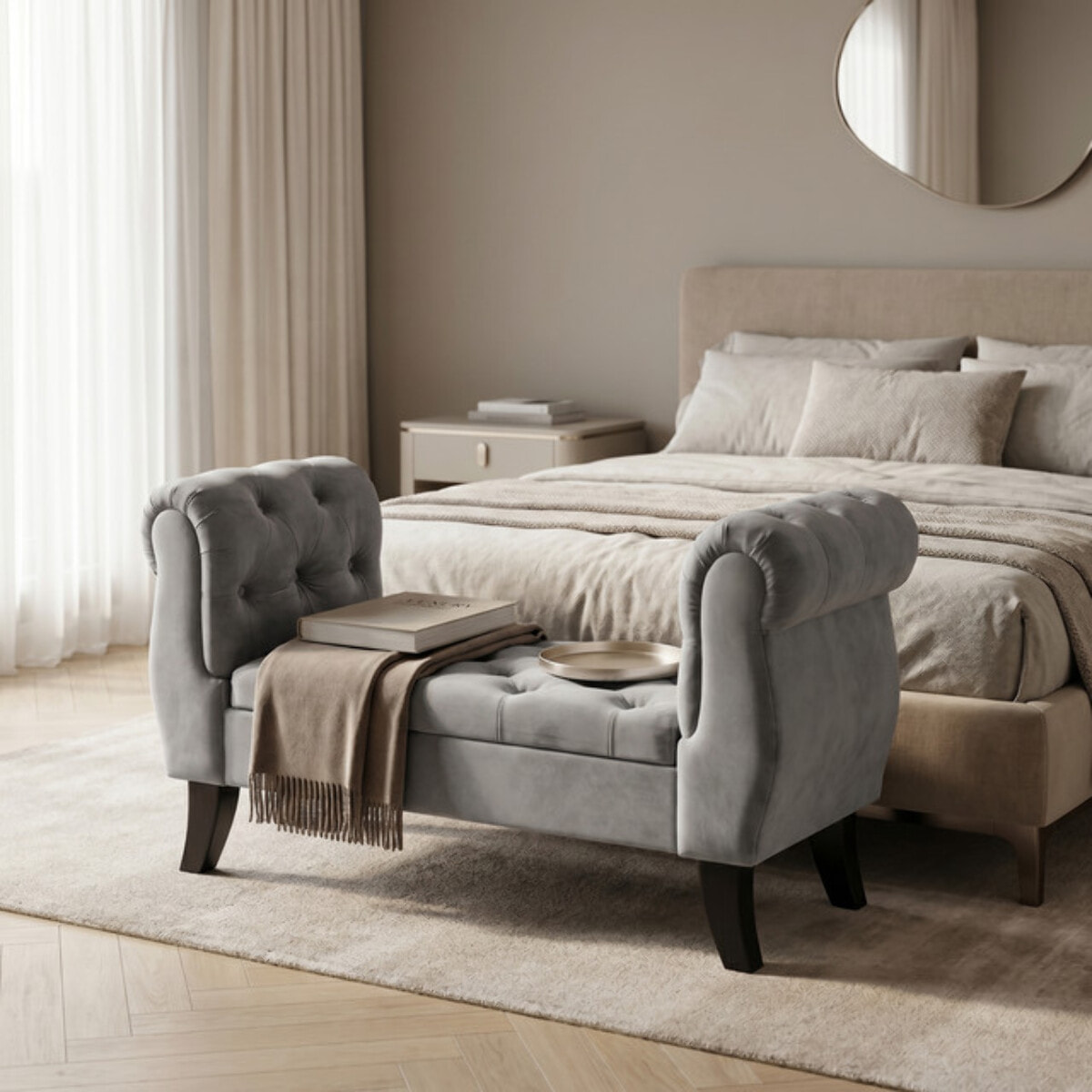 Divanetto Contenitore Imbottito in Effetto Velluto con Vano Contenitore Integrato, Seduta Elegante dallo Stile Classico per Camera da Letto, Ingresso e Soggiorno