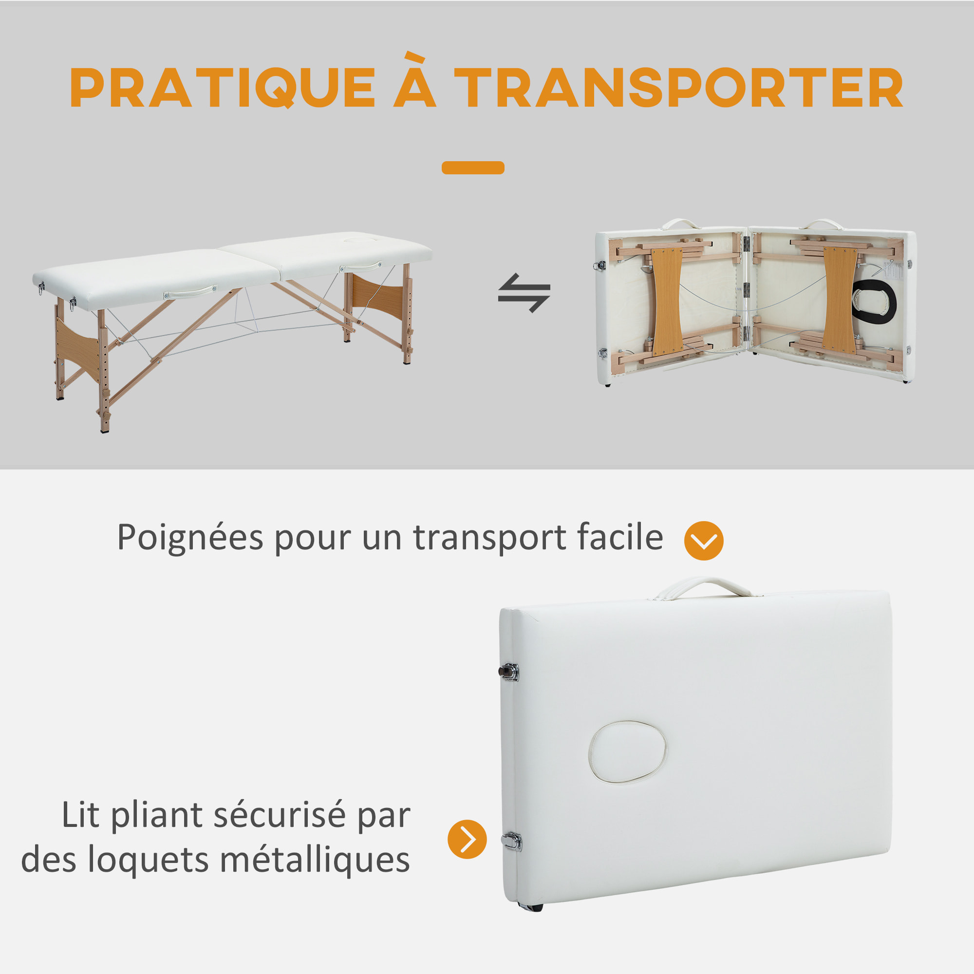 Table de massage pliante 2 zones sac tranport inclus 186L x 60l x 58-81H cm bois synthétique crème
