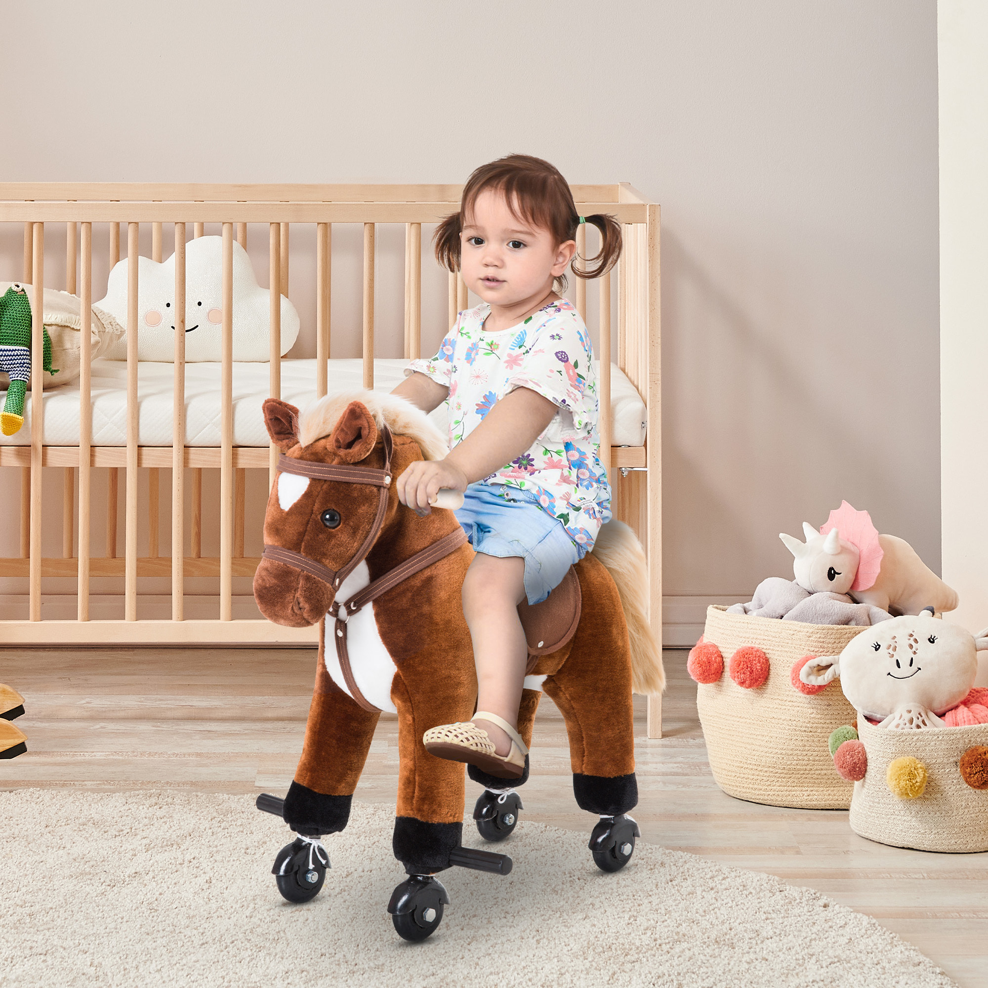 Caballito para Bebes de +2 Años Caballo con Ruedas Sonidos de Relincho Palos y Pedales Carga 60 kg 55x23x60 cm Marrón