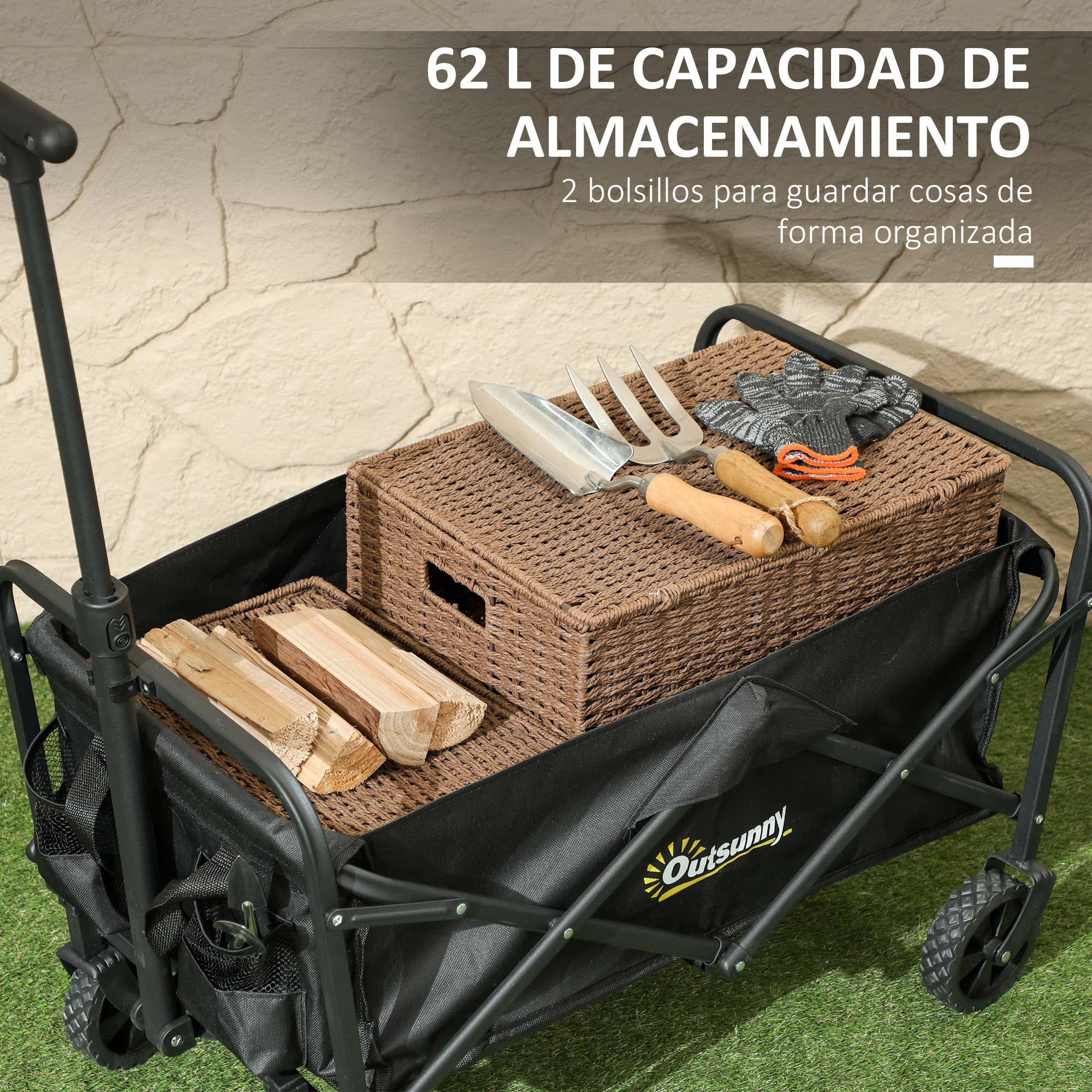 Carro Playa con Ruedas Carro de Jardín Plegable con Asa Telescópica Ajustable 2 Bolsas de Almacenaje Carga 120 kg Carrito Transporte para Todo Terreno Jardín Campaña Compra Negro