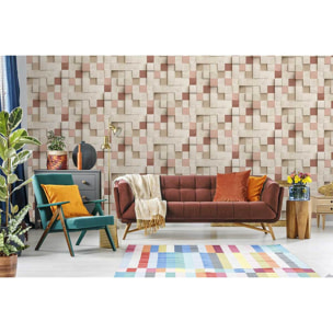 Papier peint bois mosaïque et touches rose poudré