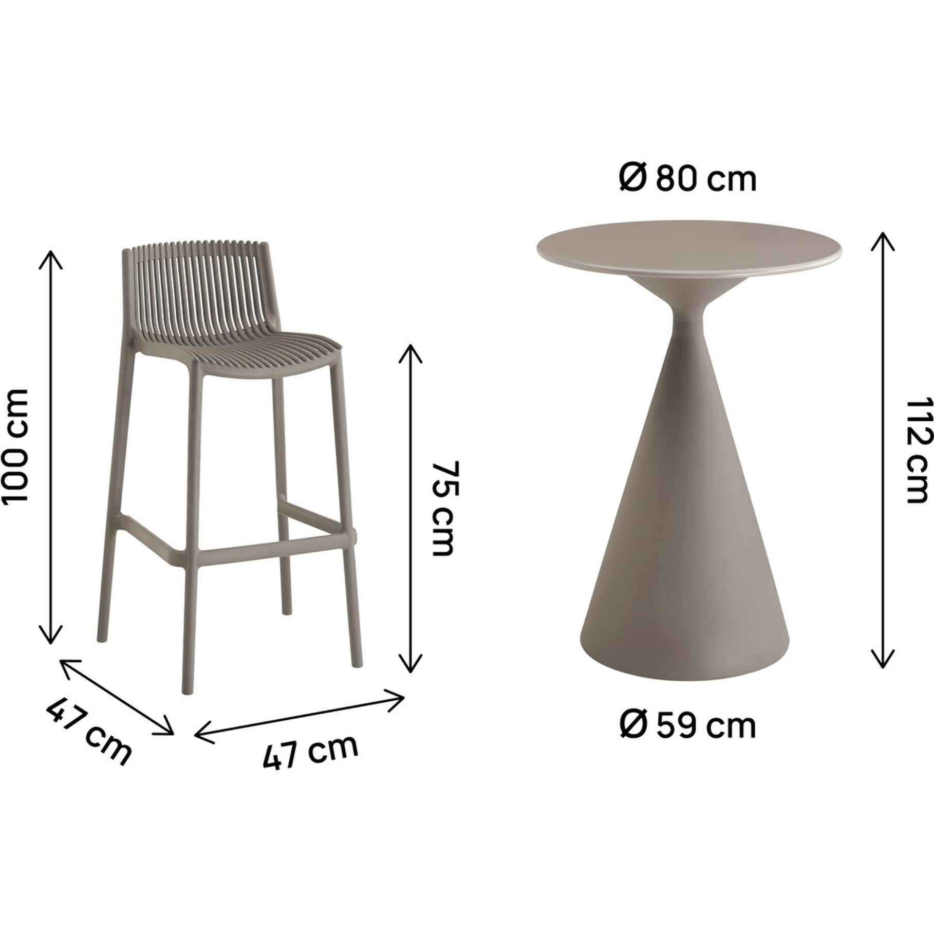 Table et chaises hautes de bistrot empilables "Néora" - 2 places - Taupe