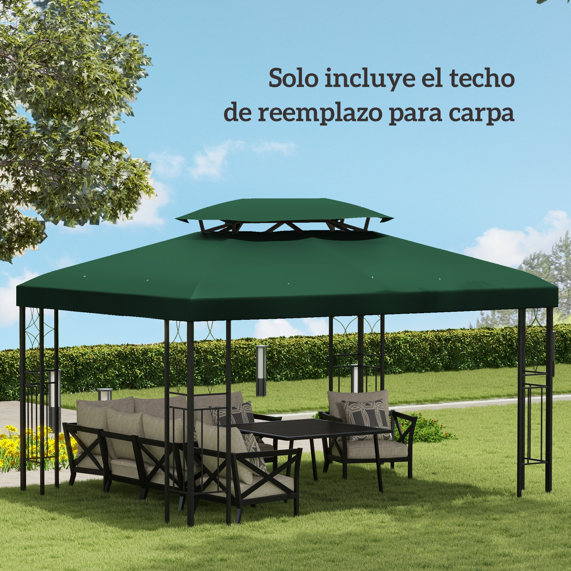 Techo de Repuesto para Cenador 4x3 m Cubierta de Repuesto con Techo Doble 10 Orificios de Drenaje y Protección UV Toldo de Recambio para Pabellón Gazebo Verde