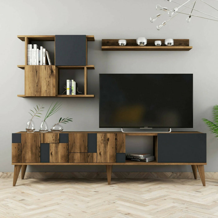 Mobile porta TV Dora, Credenza da soggiorno, Armadio basso per TV, Base parete attrezzata, 180x34h49 cm, Noce e Antracite