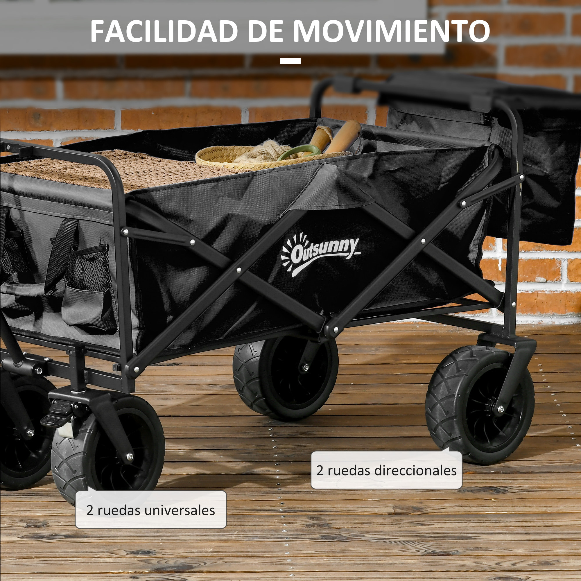 Carro de Jardín con Bolsa Térmica Desmontable Carro Plegable con Longitud y Ángulo del Mango Ajustables y Bolsa de Transporte Carga 100 kg Negro