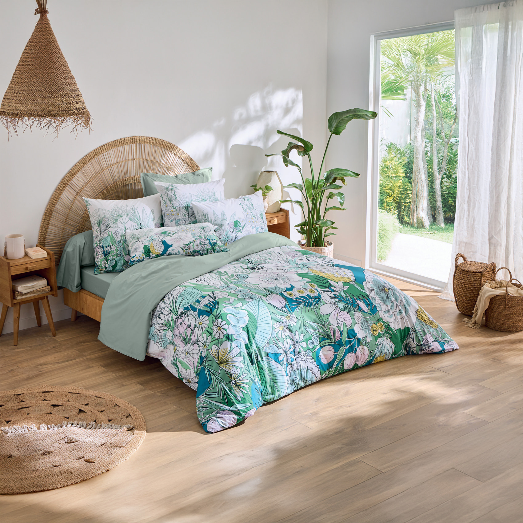 Taie d’oreiller percale de coton feuillage exotique - Vert