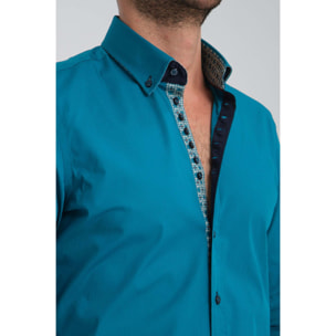 Camicia Uomo 1 Bottoni Button Down Slim Popeline Stretch Unito Verde Ottanio