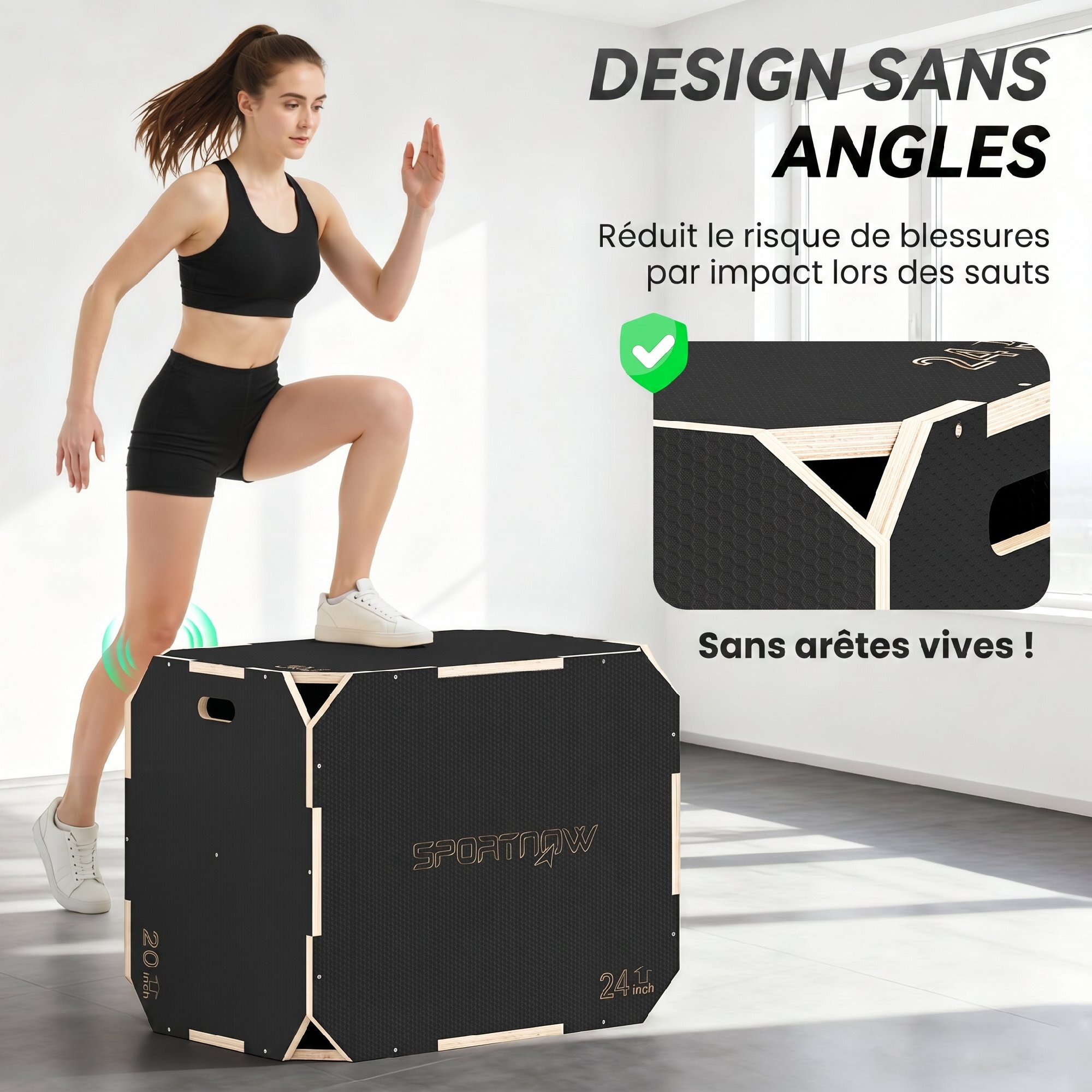 Box jump - box de pliométrie - boite de saut - 3 hauteurs 51/61/76H cm - charge max. 120 Kg - contreplaqué antidérapant noir