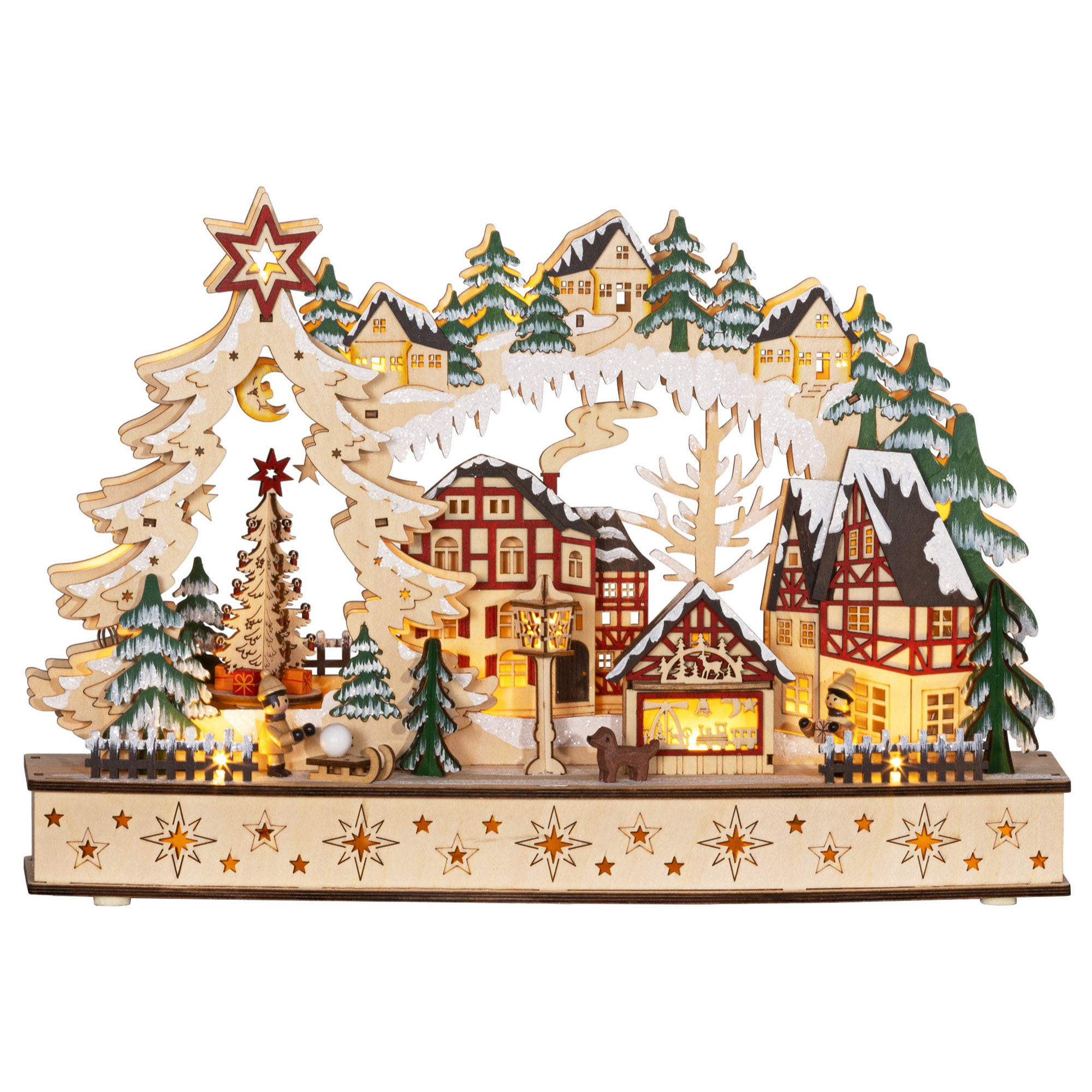 Village de Noël lumineux animé en bois - 20 LED - dim. 45L x 12l x 30H cm