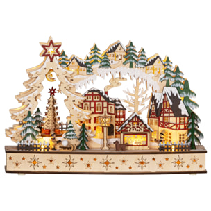 Village de Noël lumineux animé en bois - 20 LED - dim. 45L x 12l x 30H cm