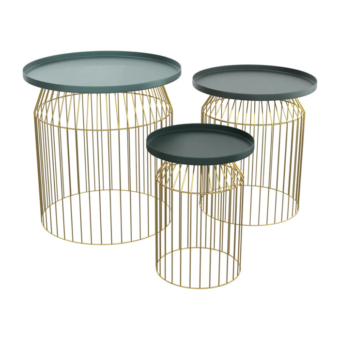 Tables d'appoints rondes en métal bleu gris et laiton (lot de 3) - Palombe