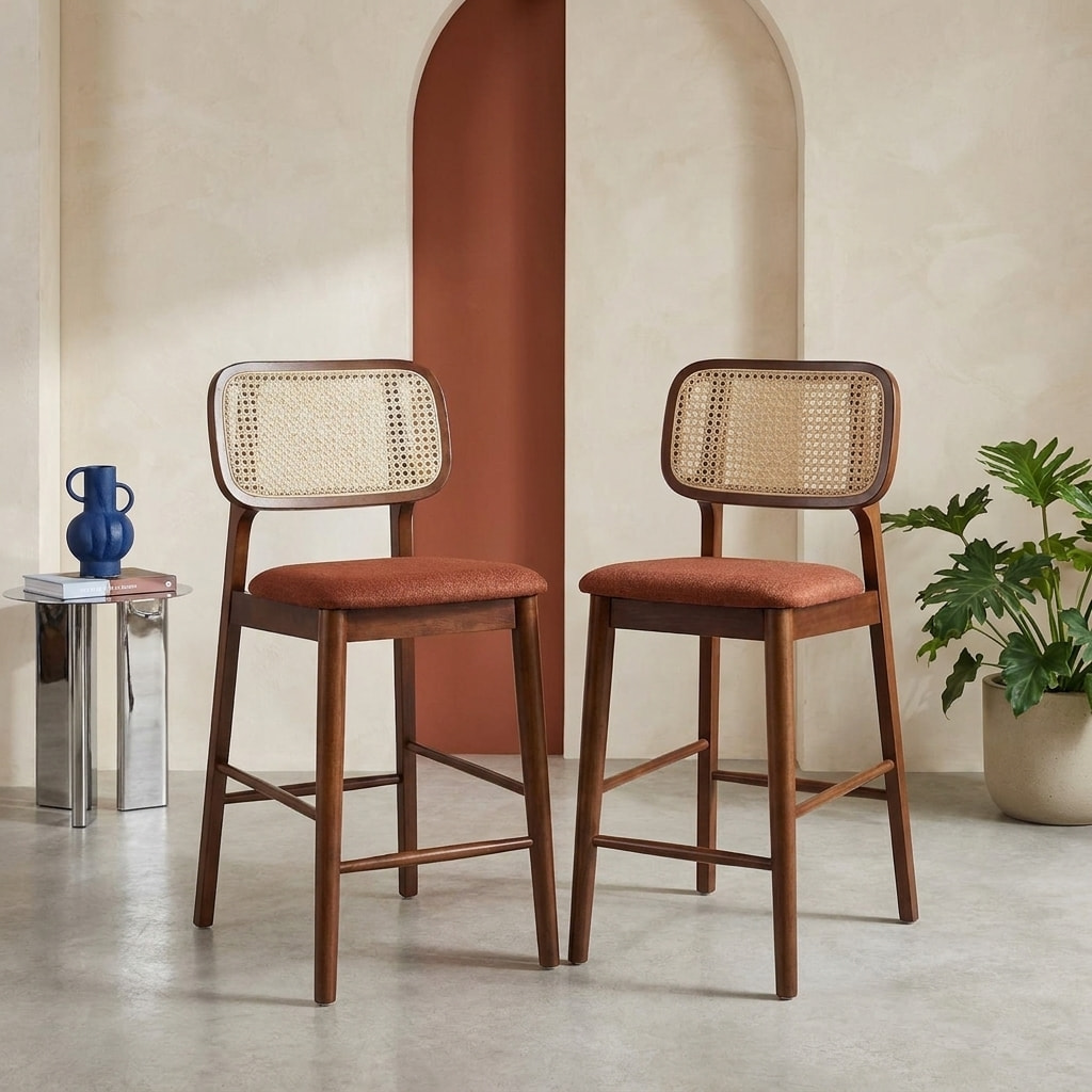 Tabouret de bar vintage bois d'hévéa cannage et tissu 66,5cm (lot de 2) MANI