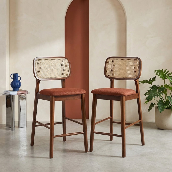 Tabouret de bar vintage bois d'hévéa cannage et tissu 66,5cm (lot de 2) MANI