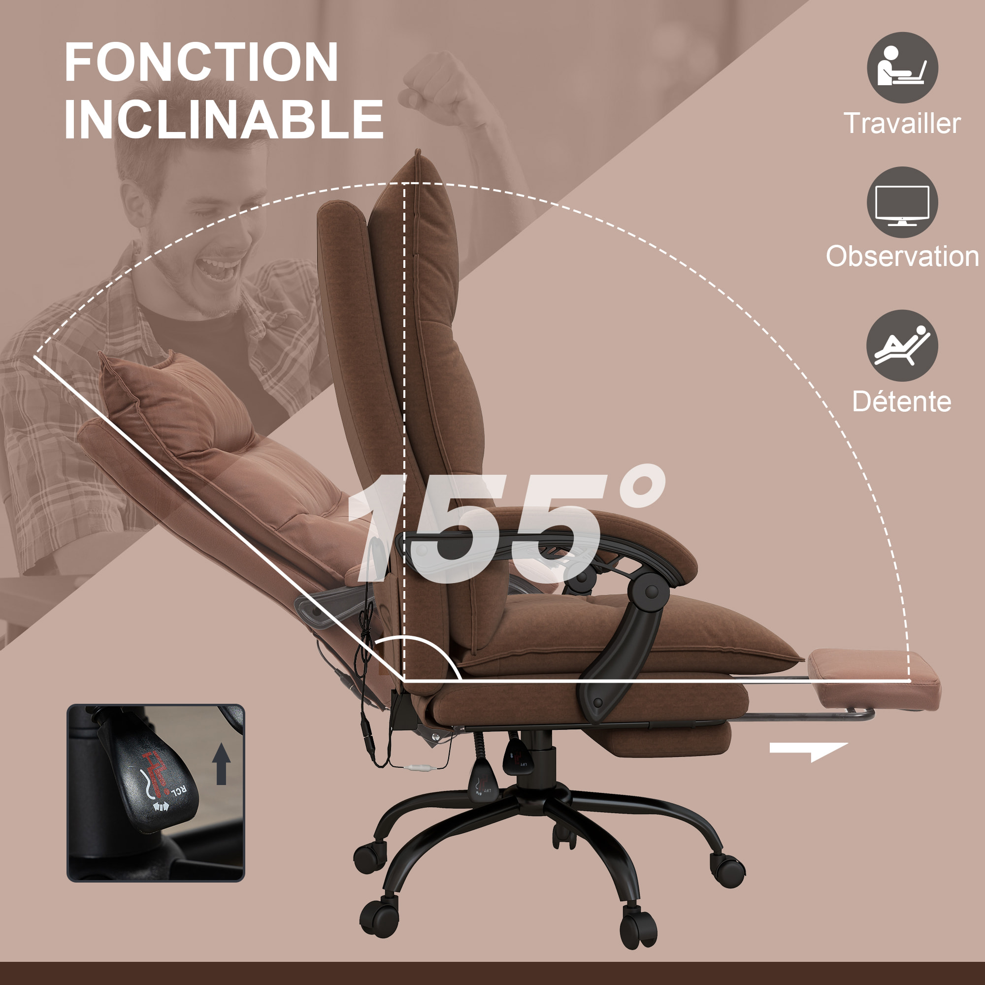 Fauteuil de bureau massant chauffant inclinable réglable repose-pieds rétractable microfibre marron