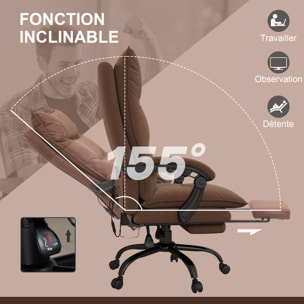Fauteuil de bureau massant chauffant inclinable réglable repose-pieds rétractable microfibre marron