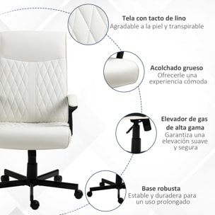 Silla de Oficina Giratoria Silla de Escritorio Basculante Tapizado en PU con Respaldo Alto y Altura Ajustable para Salón Oficina Carga 120 kg 65x72x102-112,5 cm Blanco Roto