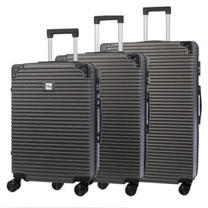 Juego de 3 maletas Trolley, en material ligero ABS de alta resistencia con esquinas reforzadas. Cerradura numérica y 4 ruedas dobles extraíbles y giratorias 360°.