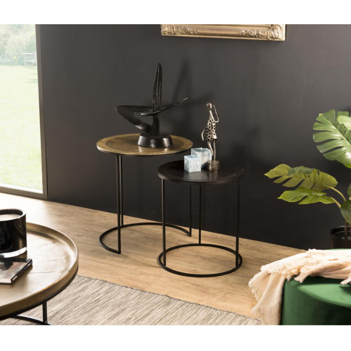 JONAS - Set de 2 tables d'appoint gigognes rondes aluminium doré et noir - pieds ronds métal noir