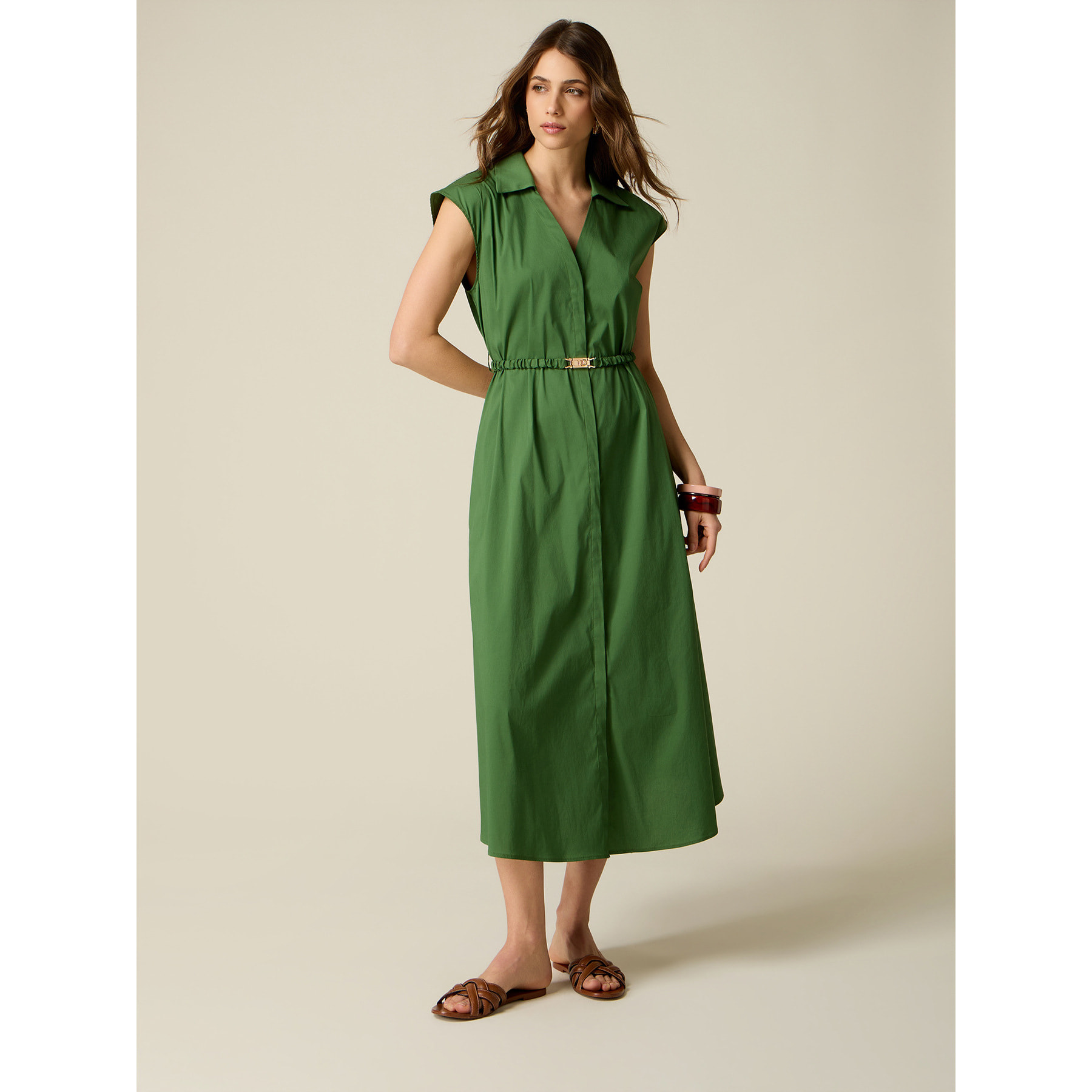 Oltre - Vestido camisero en popelín con cinturón - Verde