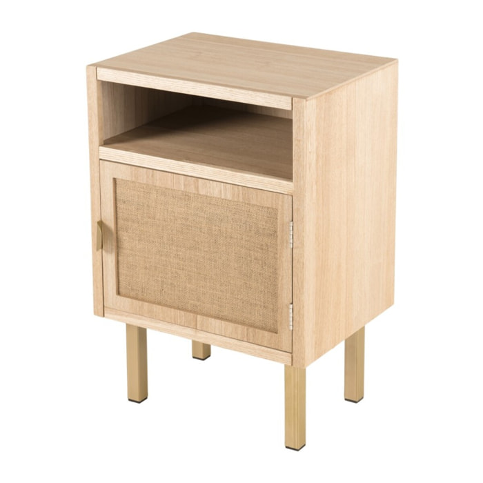 ALINE - Chevet 1 niche 1 porte toile de jute pieds métal doré