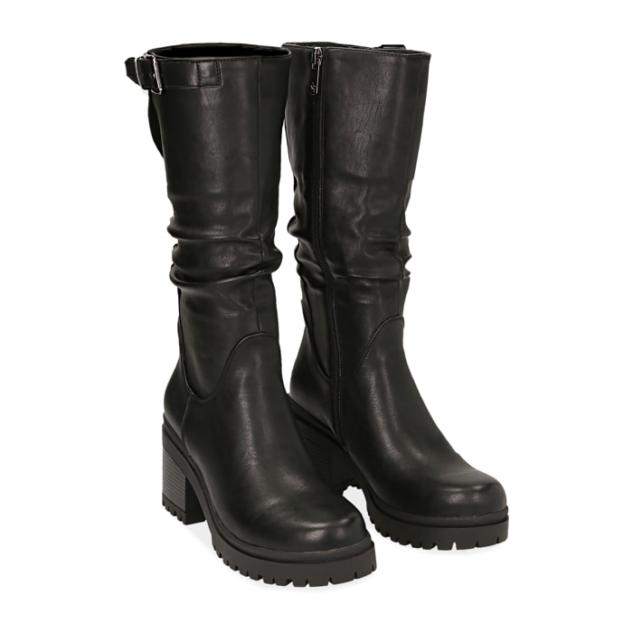 Biker boots negras en eco-cuero, tacón 8 cm