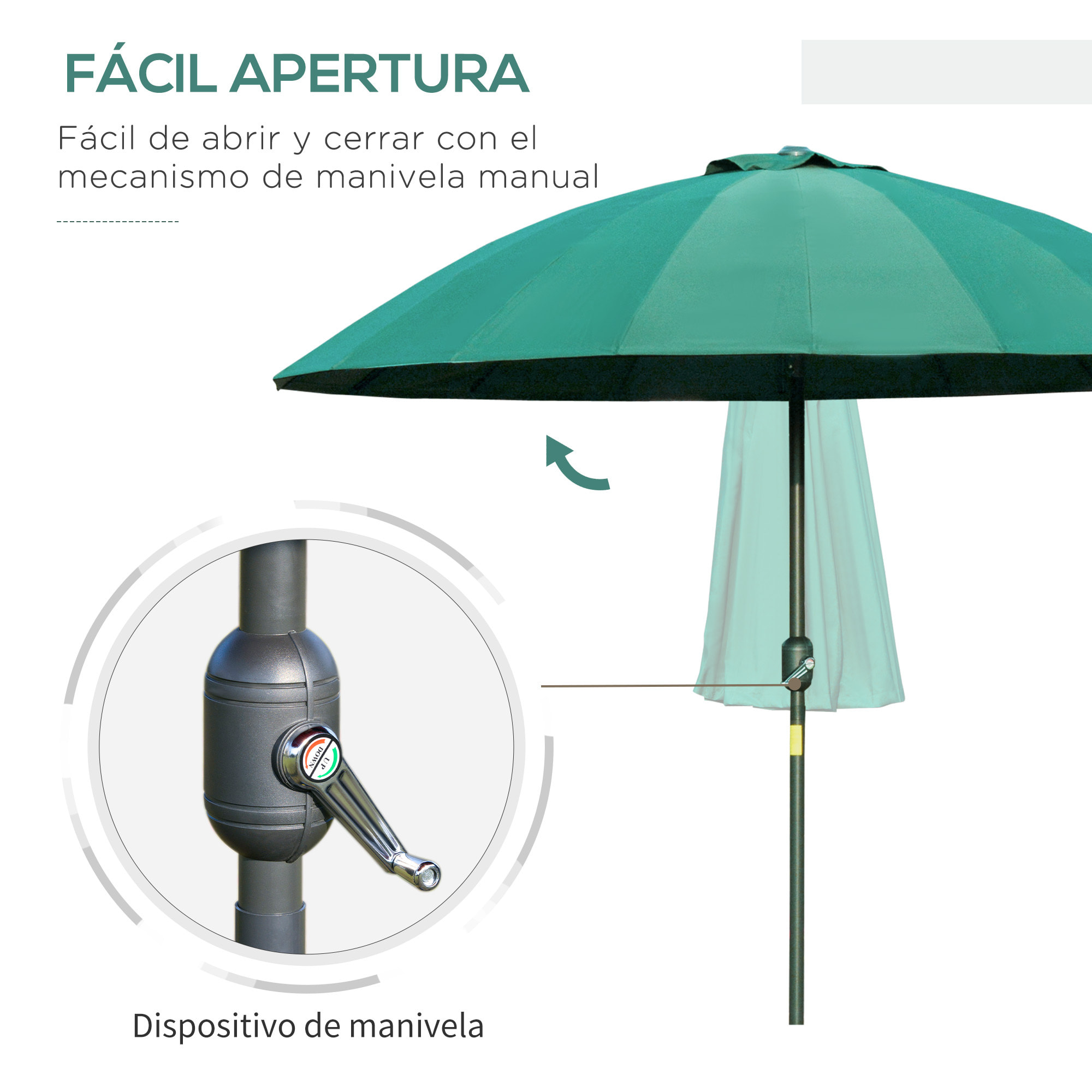 Sombrilla Terraza Exterior Ø250 cm Sombrilla de Jardín con Ángulo Inclinable y Manivela Impermeable Parasol para Patio Terraza Verde