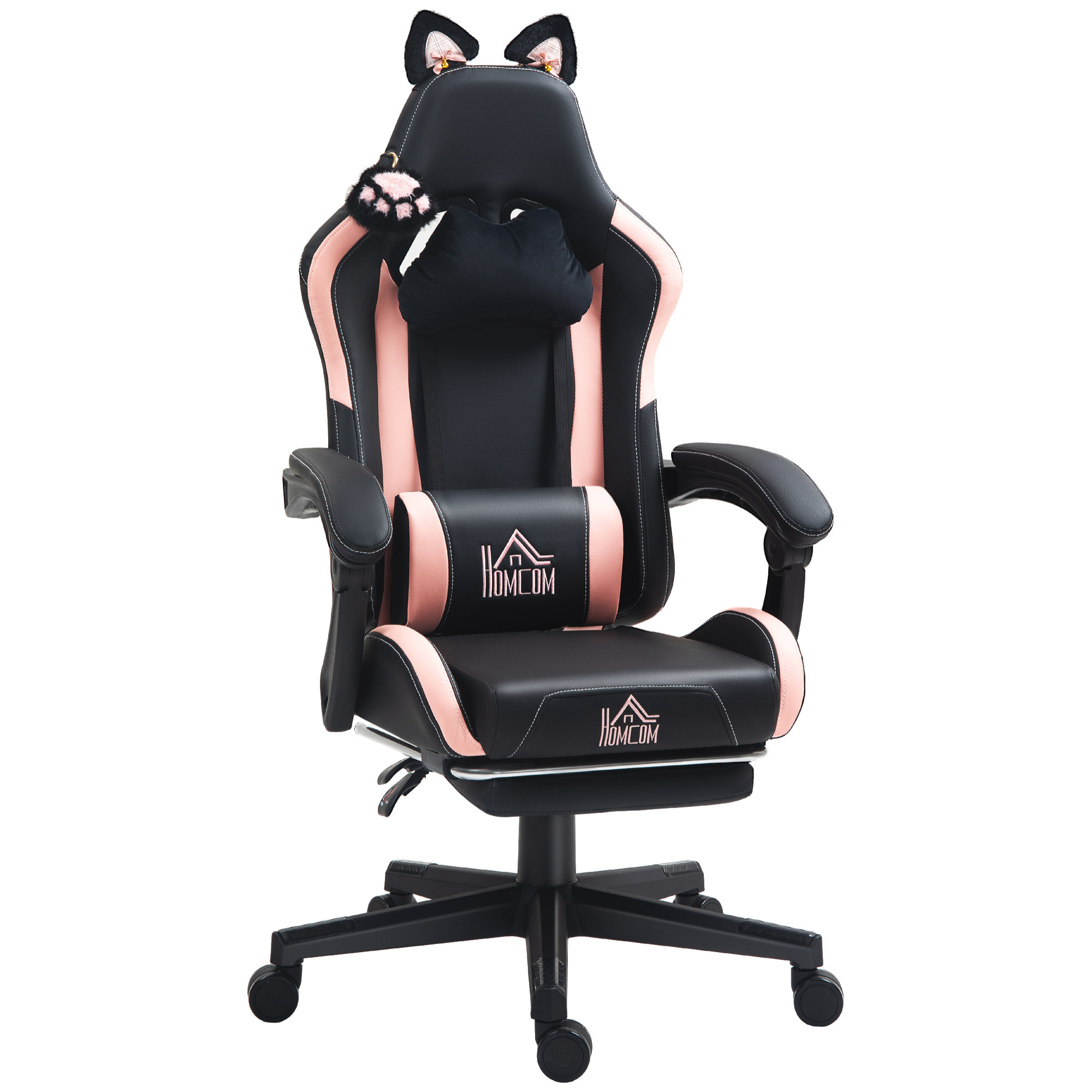 Chaise gaming design oreilles et patte de chat - inclinable, repose-pieds rétractable - rose noir