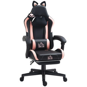 Chaise gaming design oreilles et patte de chat - inclinable, repose-pieds rétractable - rose noir