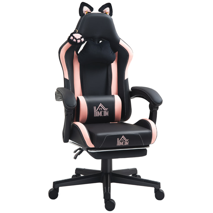Chaise gaming design oreilles et patte de chat - inclinable, repose-pieds rétractable - rose noir