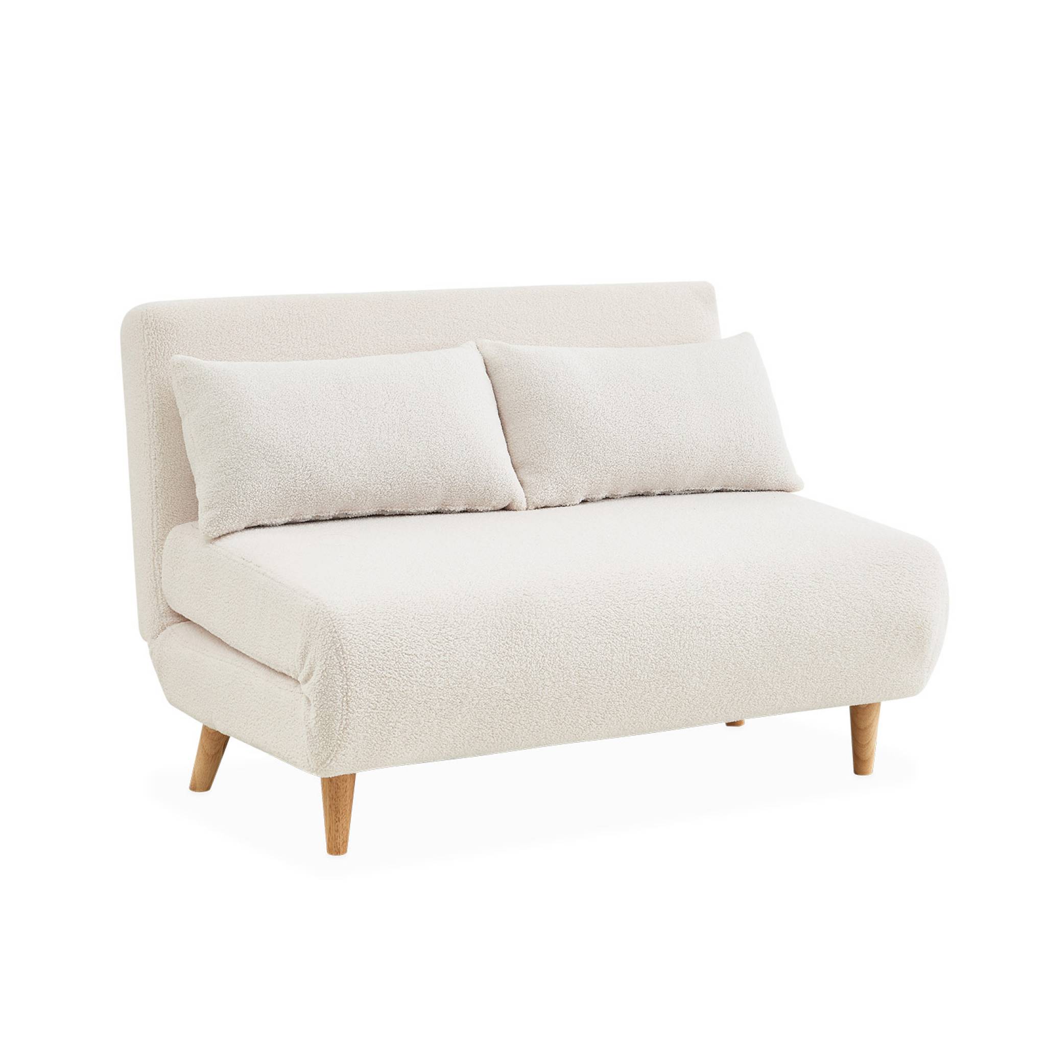 Canapé convertible en tissu bouclettes blanches- Guesta - 2 places scandinave. pieds bois foncé. banquette. dossier inclinable