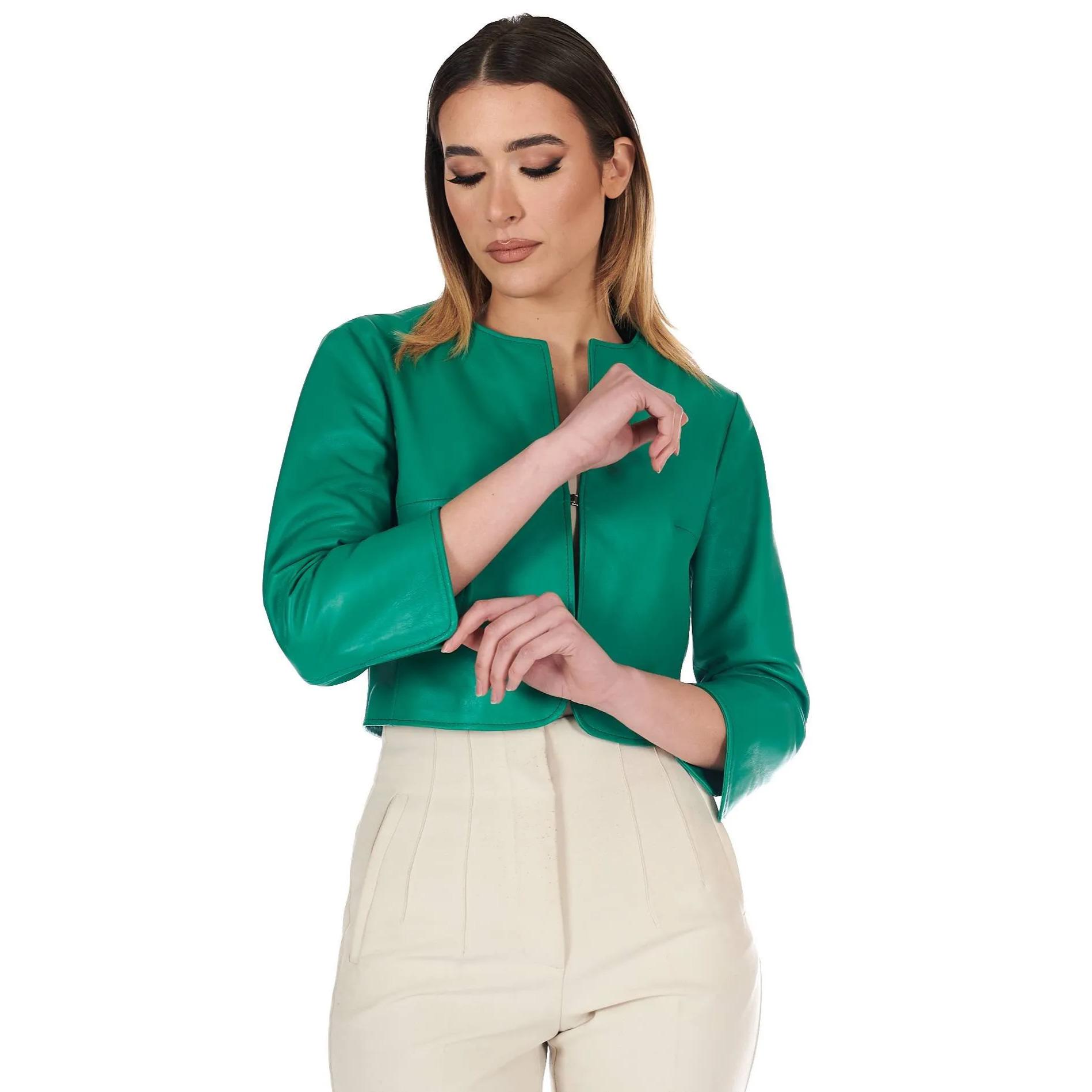 Giacca corta bolero in pelle verde smeraldo girocollo