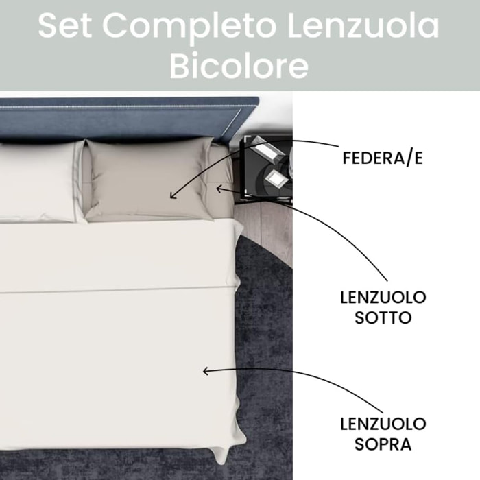 Completo lenzuola una piazza e mezza in cotone bicolore morbido e traspirante, set letto con lenzuolo sopra, sotto con angoli e federa, design con piping a contrasto elegante, tessuto leggero e resistente 116 gsm, certificato OEKO-TEX, comfort quotidiano