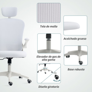 Silla de Oficina de Malla, Silla de Escritorio Giratoria con Función Basculante, Respaldo Alto, Reposacabezas Ajustable, Soporte Lumbar 4D, Brazo Abatible, Altura Ajustable, Blanco